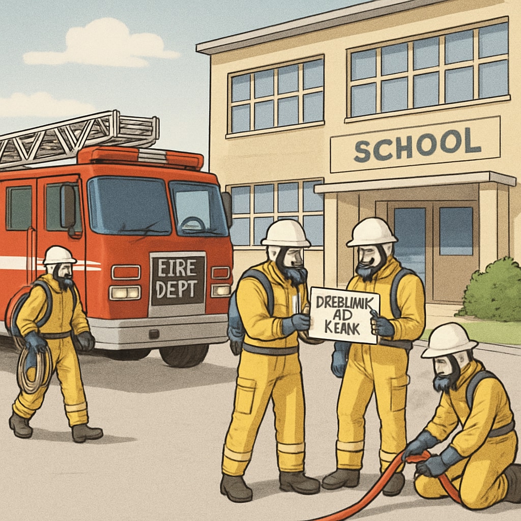 A fire truck and emergency response team outside a school, responding to a methane leak incident. Emergency response team and fire truck at a school addressing a methane leak from a geothermal well.