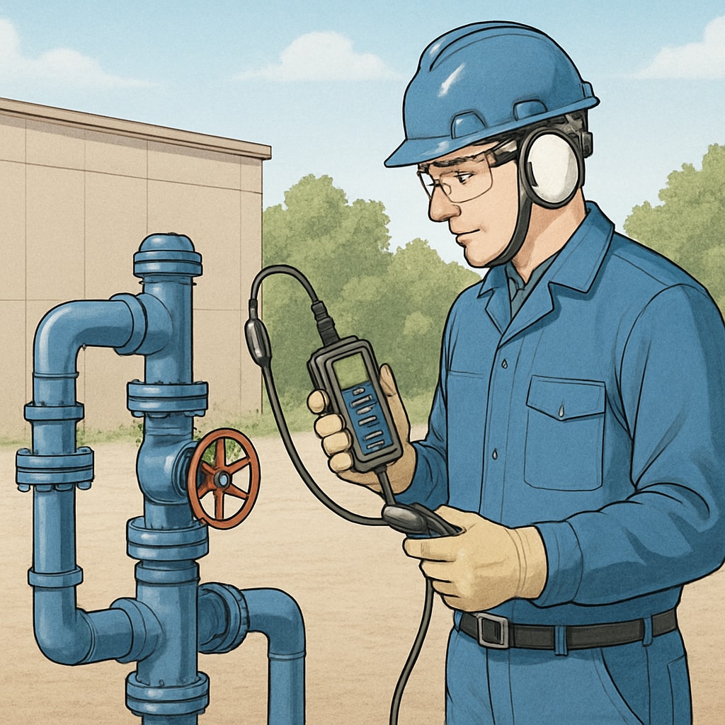A technician inspecting a geothermal well with advanced gas detection equipment. Technician monitoring a geothermal well for methane leaks using specialized equipment.