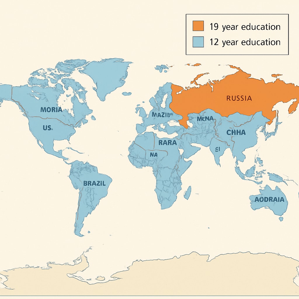 Map showing educational systems differences globally, with a focus on 10-year and 12-year systems.