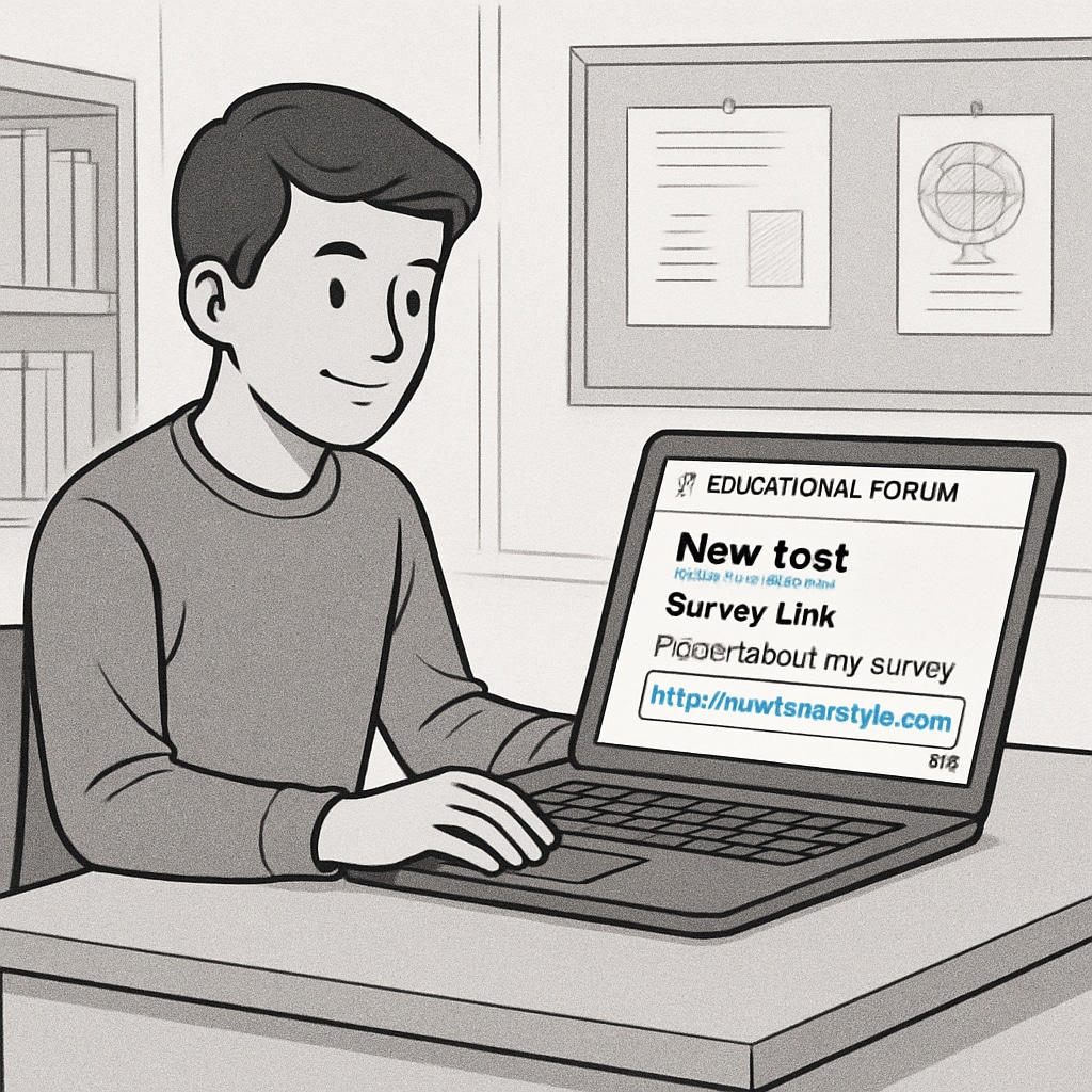 A student posting a survey link on an educational forum, illustrating the integration of online tools in academic research. A student using an online forum for media research survey.