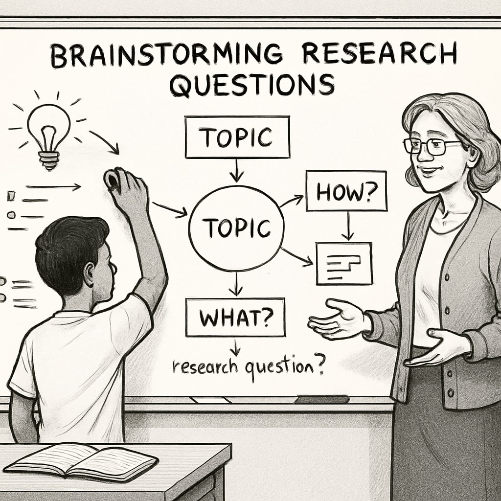 A student in a classroom brainstorming research questions on a whiteboard with the teacher's guidance. A student brainstorming research questions with teacher guidance.