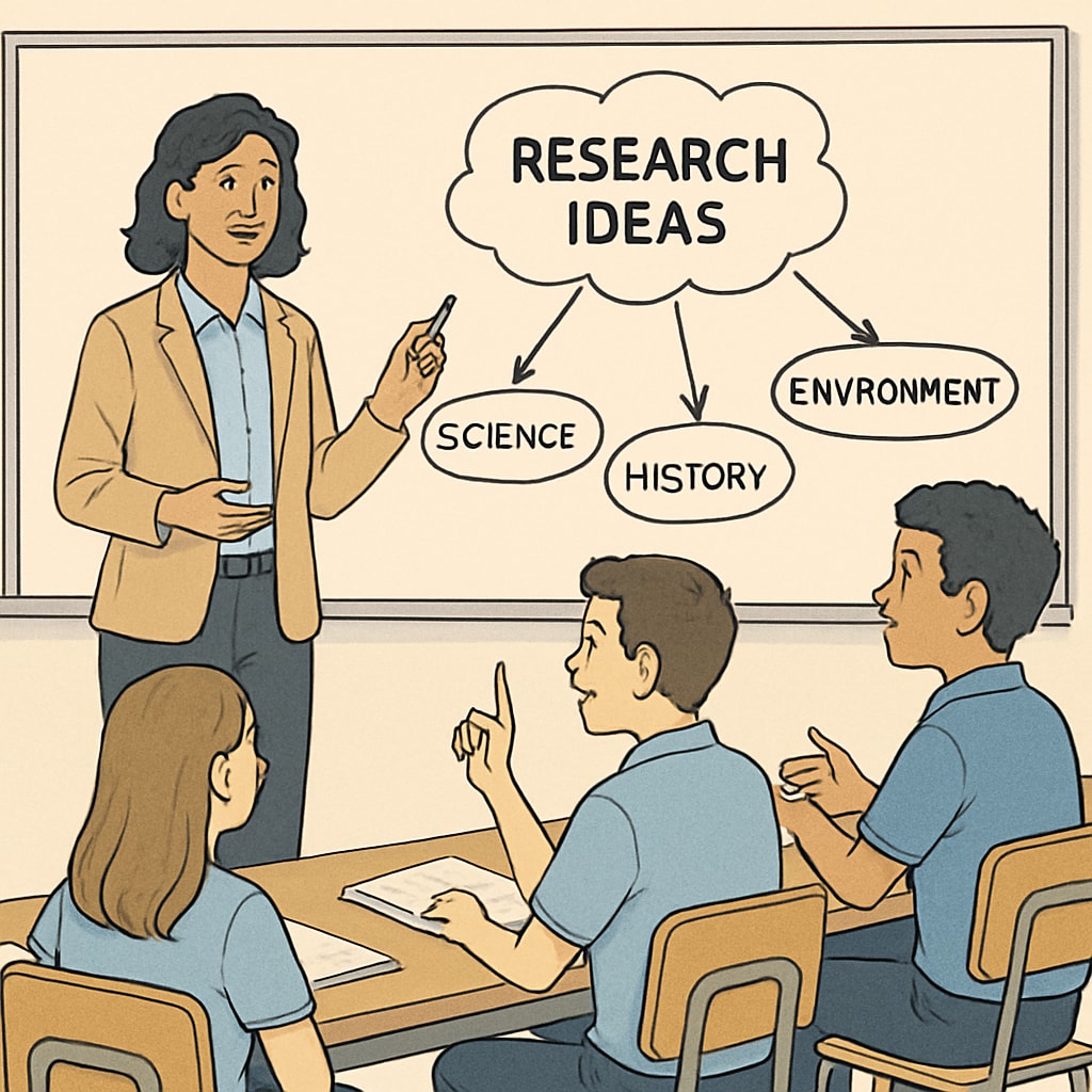 A teacher assisting students with brainstorming research questions in a classroom.