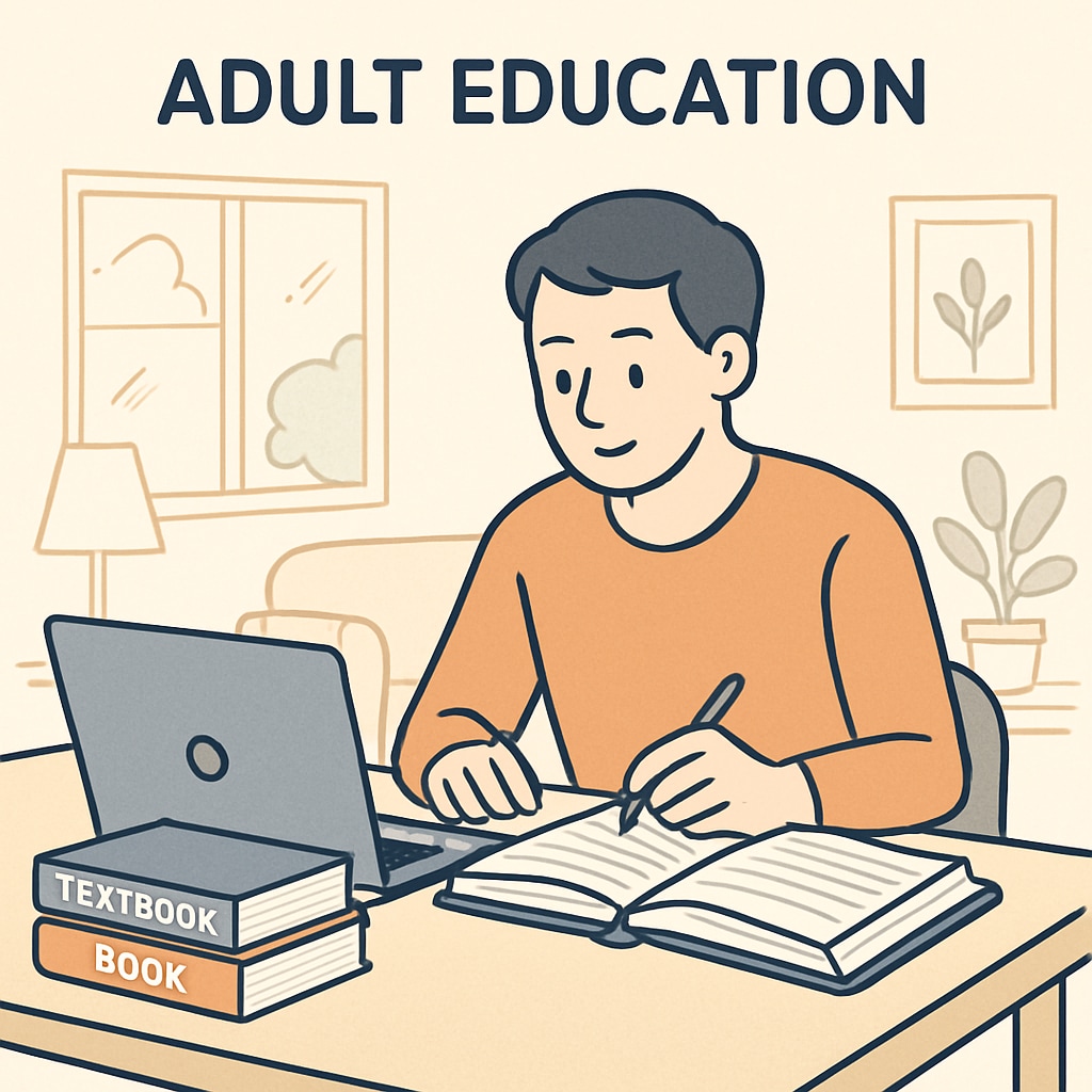 Adult learner studying at home with a laptop and textbooks.