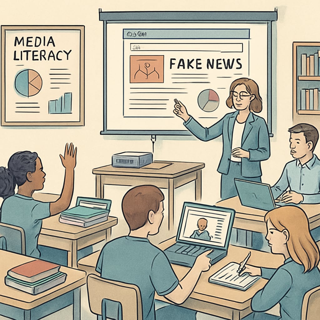 Students in a classroom discussing media literacy during an educational workshop.