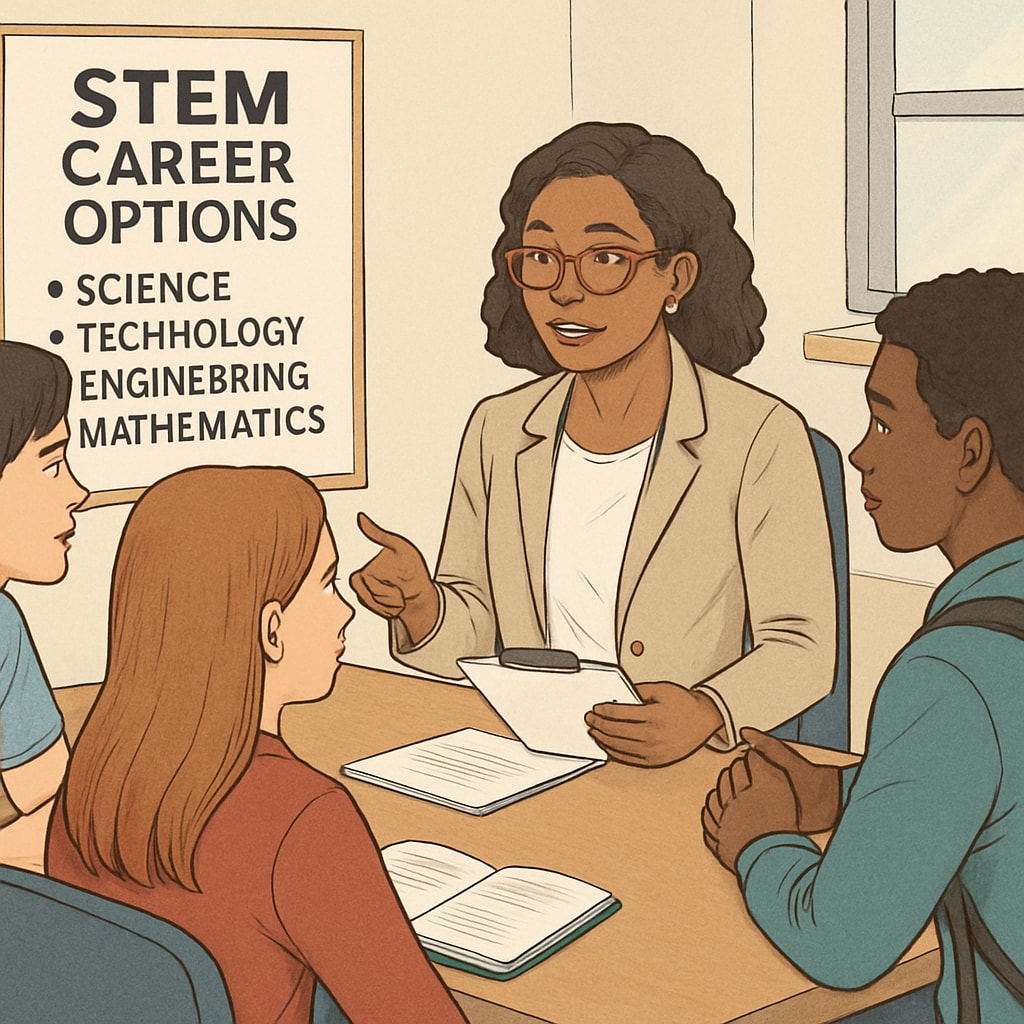 A group of high school students discussing STEM career options with a counselor; the scene reflects collaboration and guidance in decision-making. High school students discussing STEM career options with a counselor.