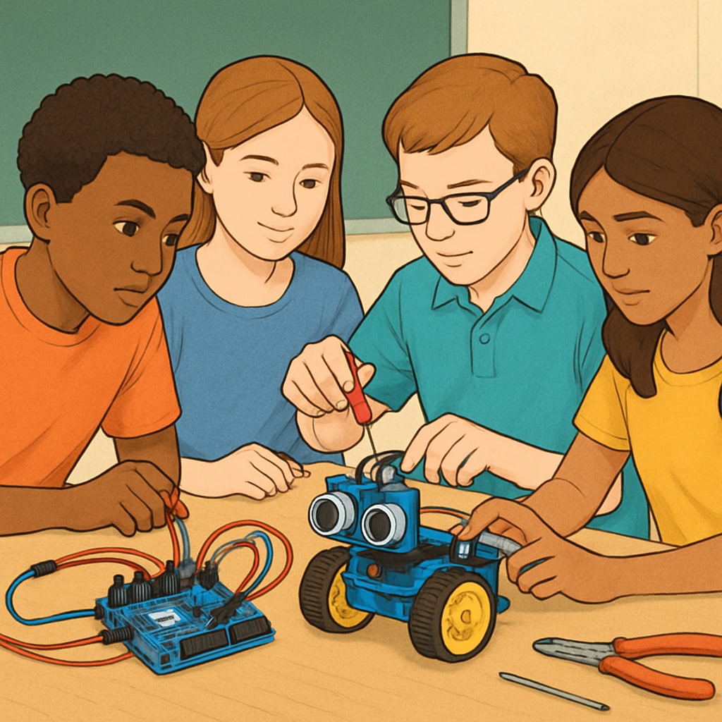 A group of students assembling a simple Arduino-based robot during a hands-on robotics workshop. Students working on an Arduino robot project during a beginner robotics course.