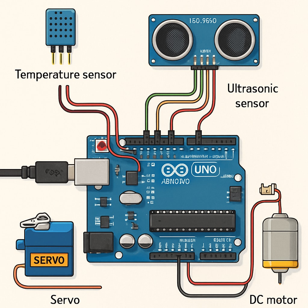 A close-up of an Arduino board connected to sensors and motors, demonstrating the hardware used in beginner robotics projects. Arduino board with sensors and motors used in robotics learning projects.