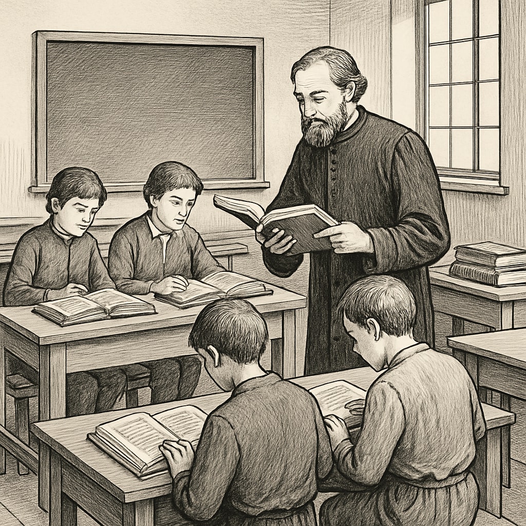 Students in a historical classroom studying classical texts, symbolizing the decline of classical education.