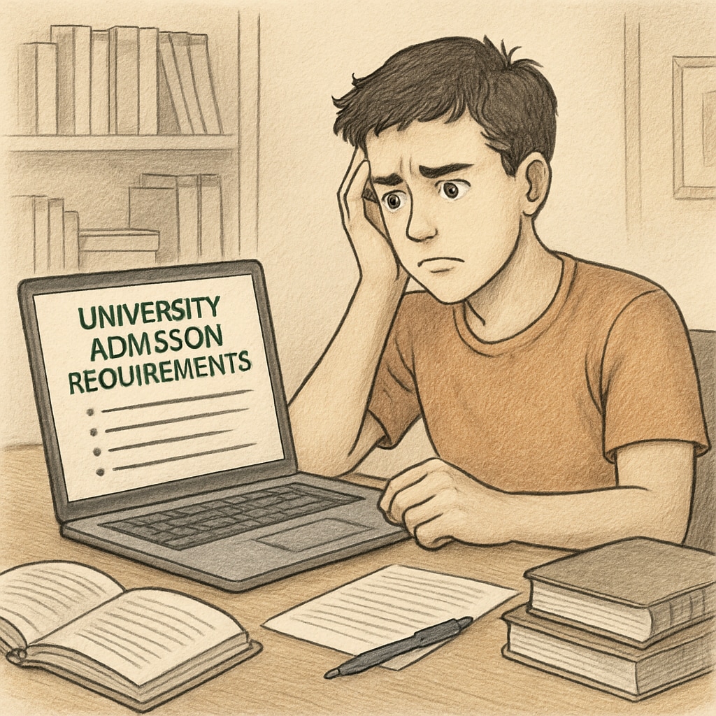 A student looking at university admission requirements on a laptop, appearing confused and frustrated. Student reviewing international university admission requirements.