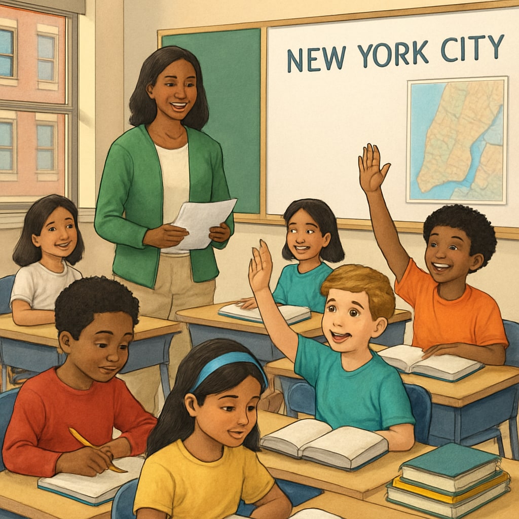 A classroom of diverse students in a New York City public school, representing the diversity of NYC schools. NYC public school classroom with diverse students, illustrating the city’s education system.