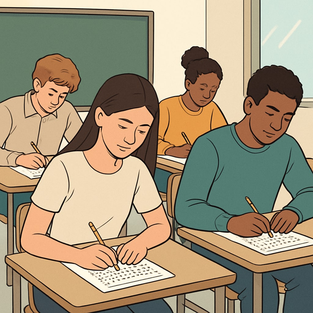 Students taking standardized tests, highlighting the role of testing in the decline of classical education.
