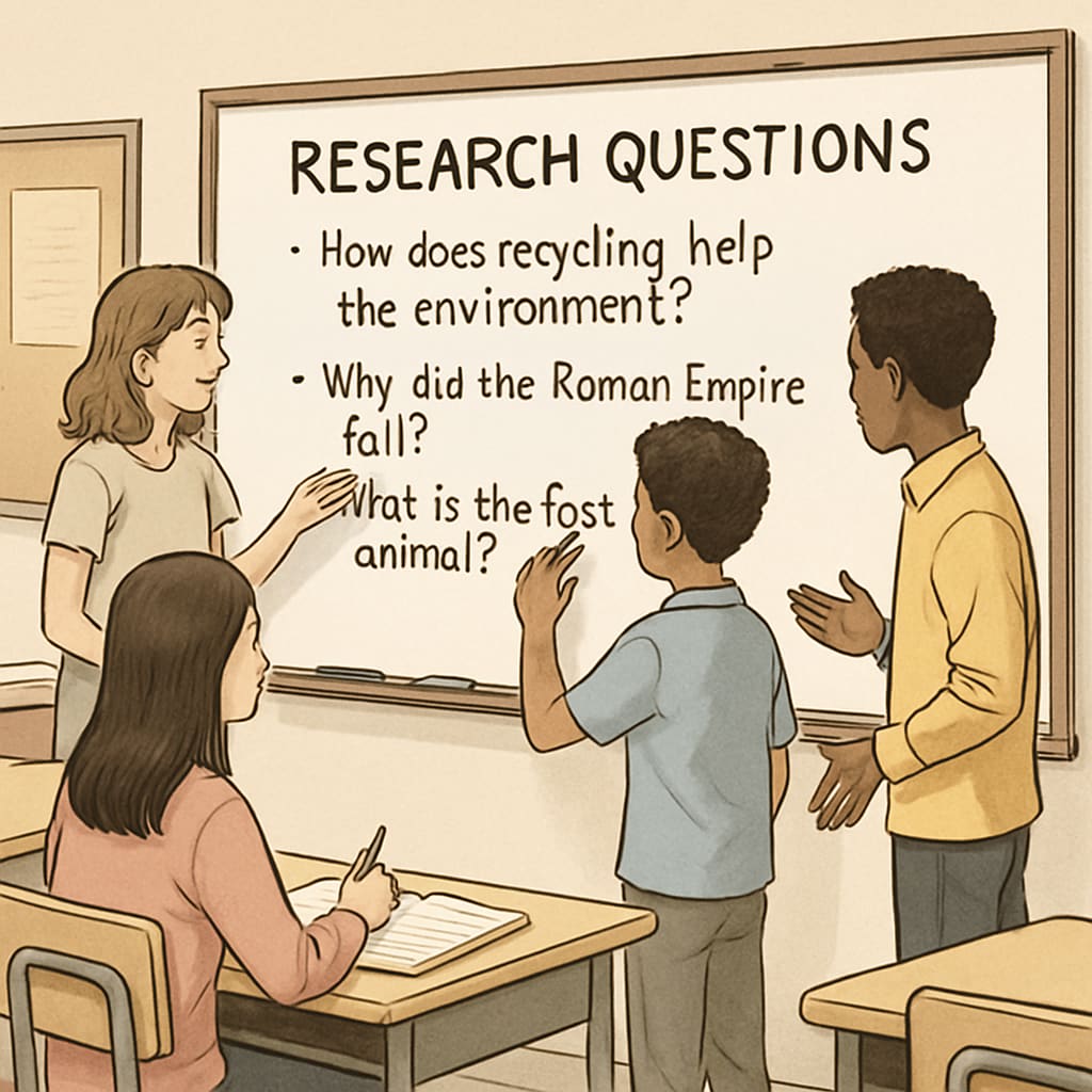 Students brainstorming research questions in a classroom setting