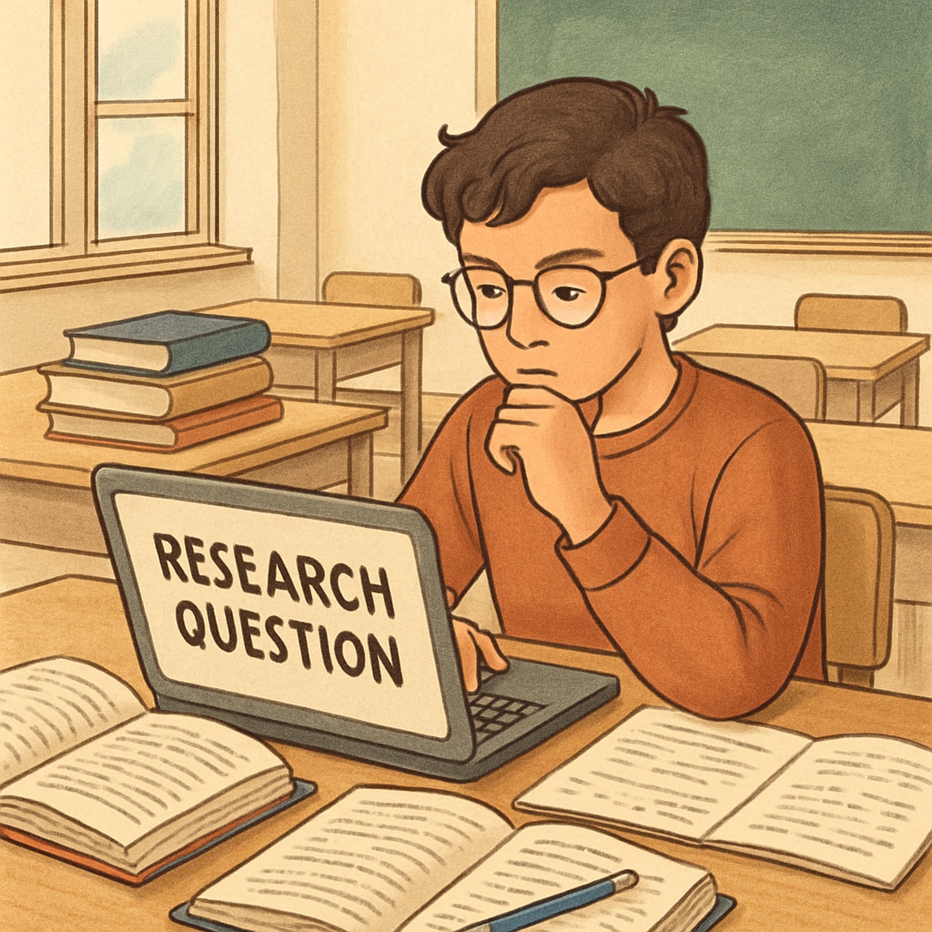 Student refining research question for a project on a laptop