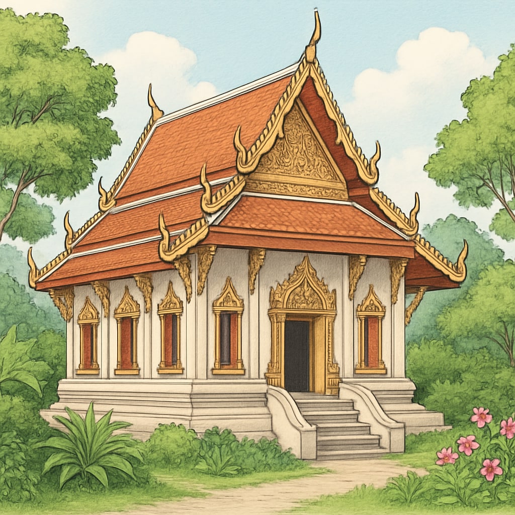 Thai temple surrounded by nature, symbolizing cultural immersion.