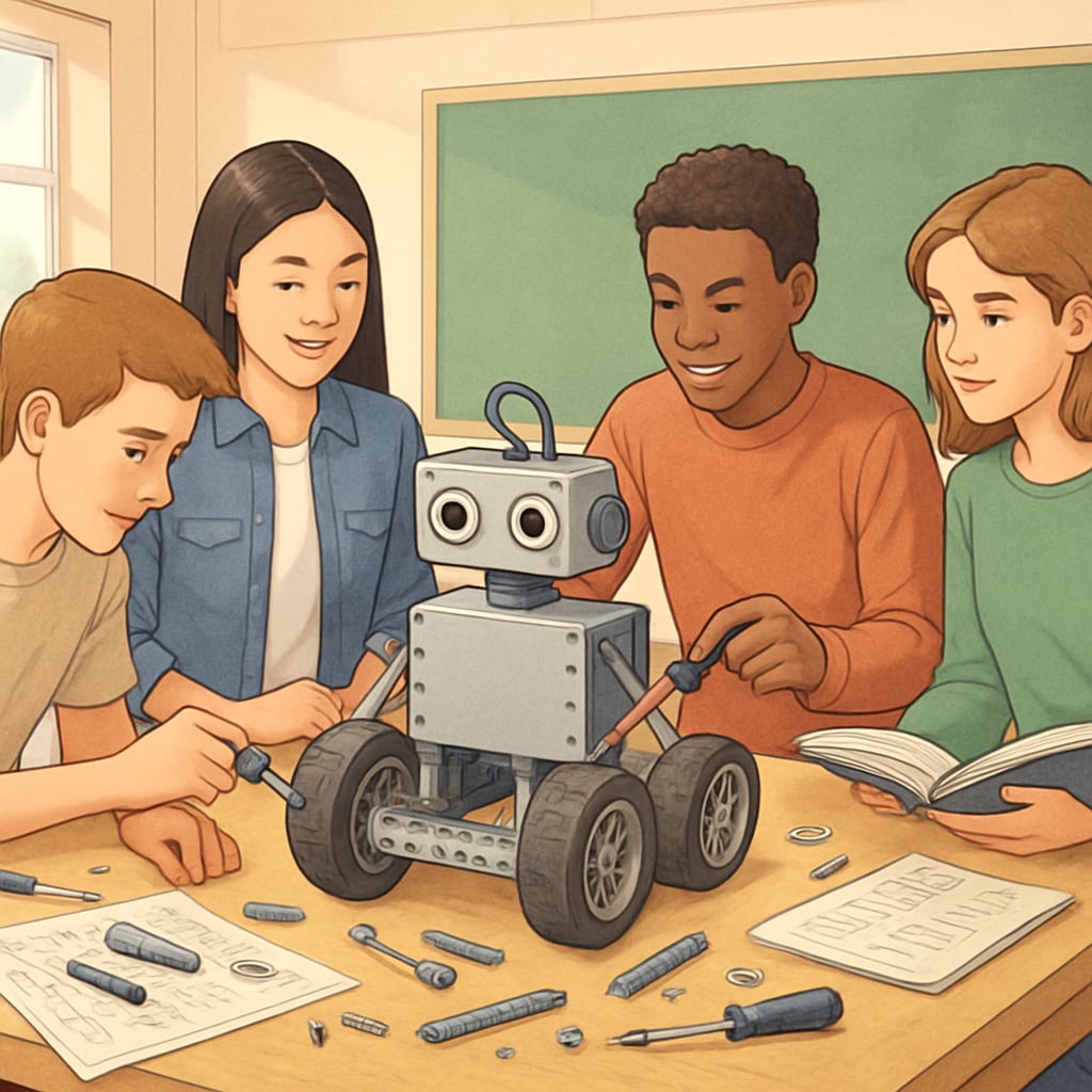 A group of high school students working on a robotics project together in a classroom. Students gain practical experience in career-related activities.