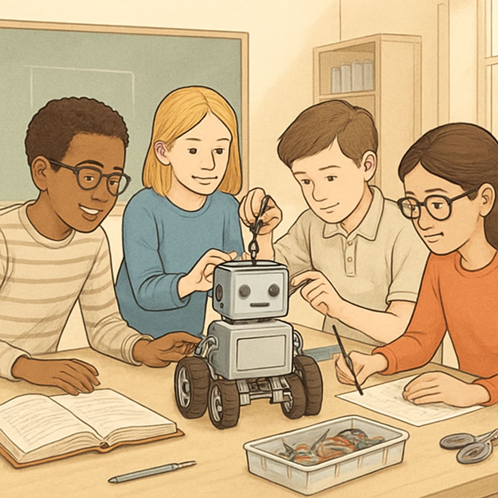 K12 students working on a robot project as part of a STEM-focused education program.