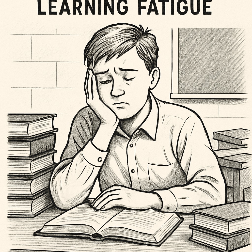 Student experiencing learning fatigue surrounded by study materials