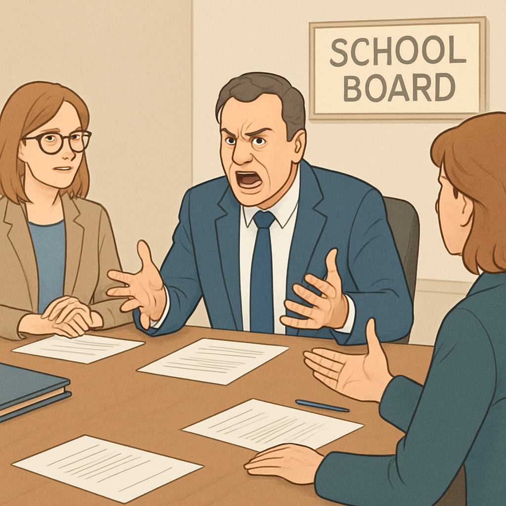 A frustrated school board member debating governance issues.