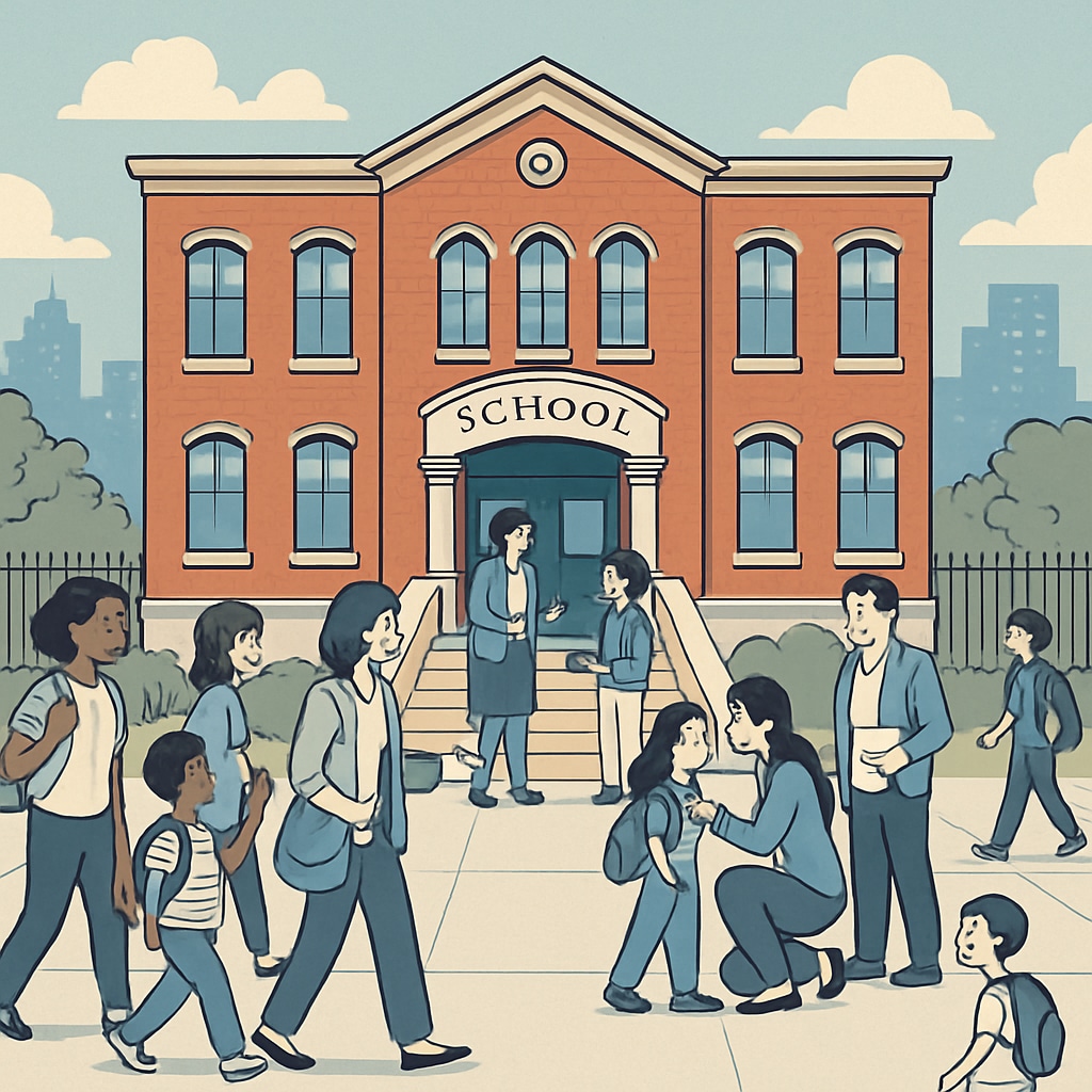 NYC school building with parents and students, emphasizing community's role in education.