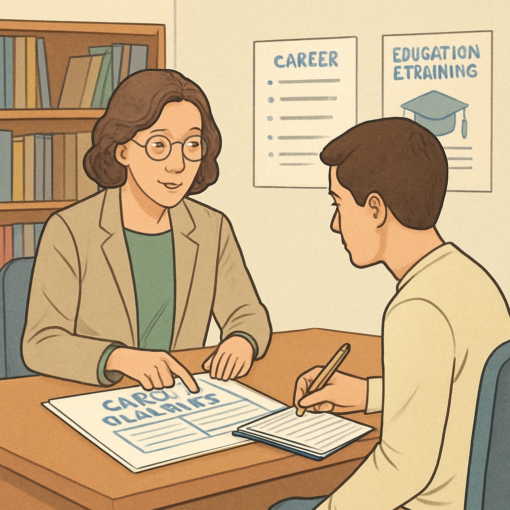 Career counselor guiding a student about future planning options.