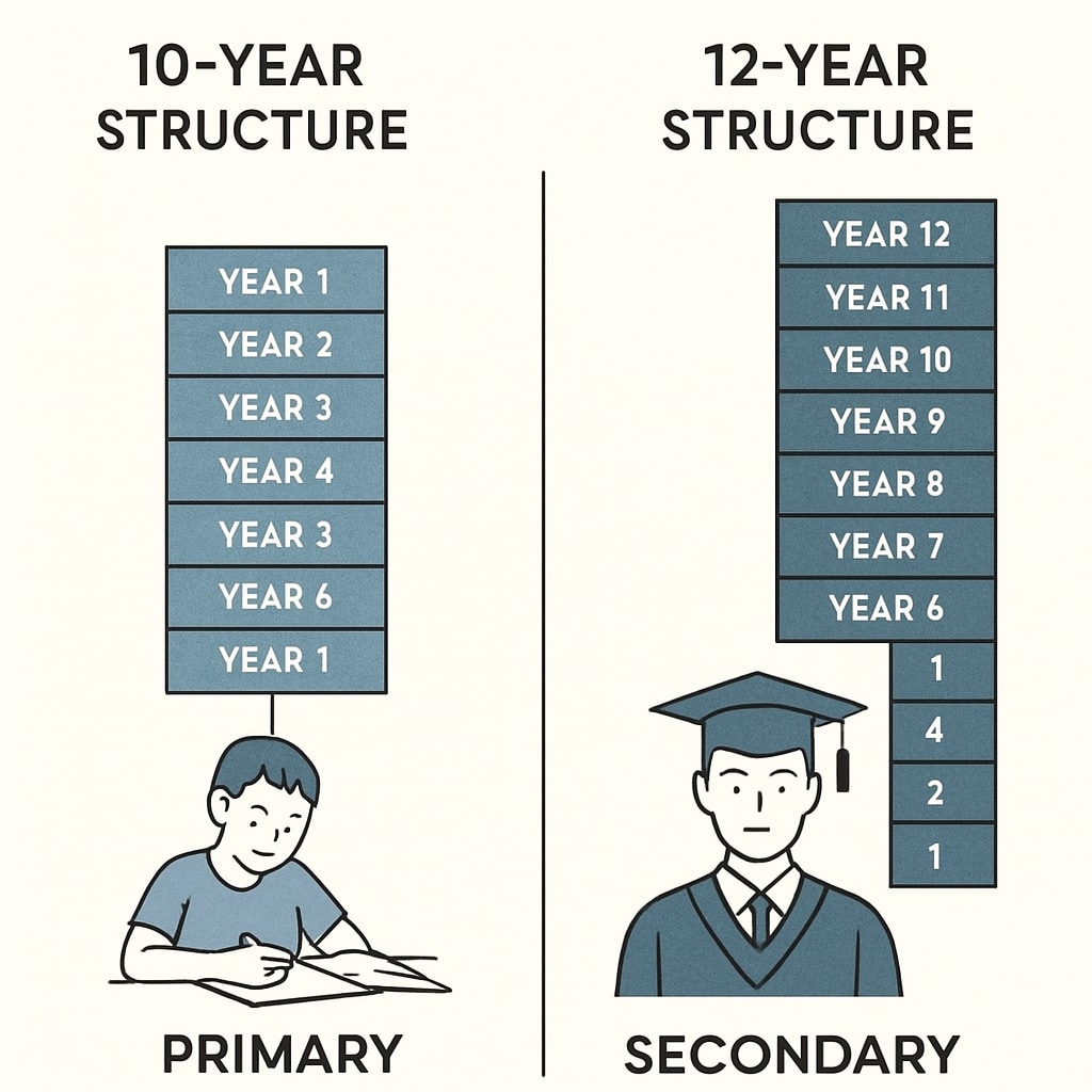 Illustration of contrasting education systems across countries, showing 10-year and 12-year structures. Visual comparison of 10-year and 12-year education systems to illustrate global differences.