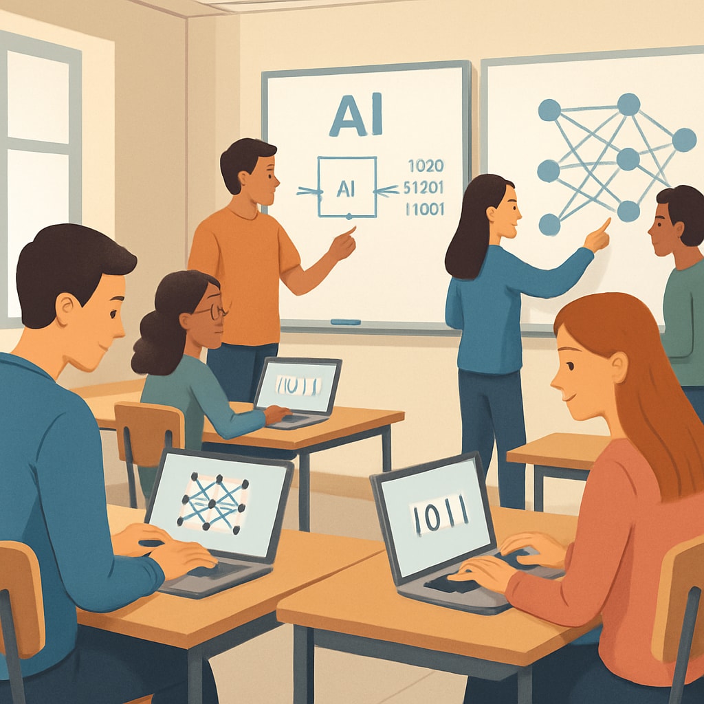 Students participating in interactive AI projects with limited resources in a classroom.