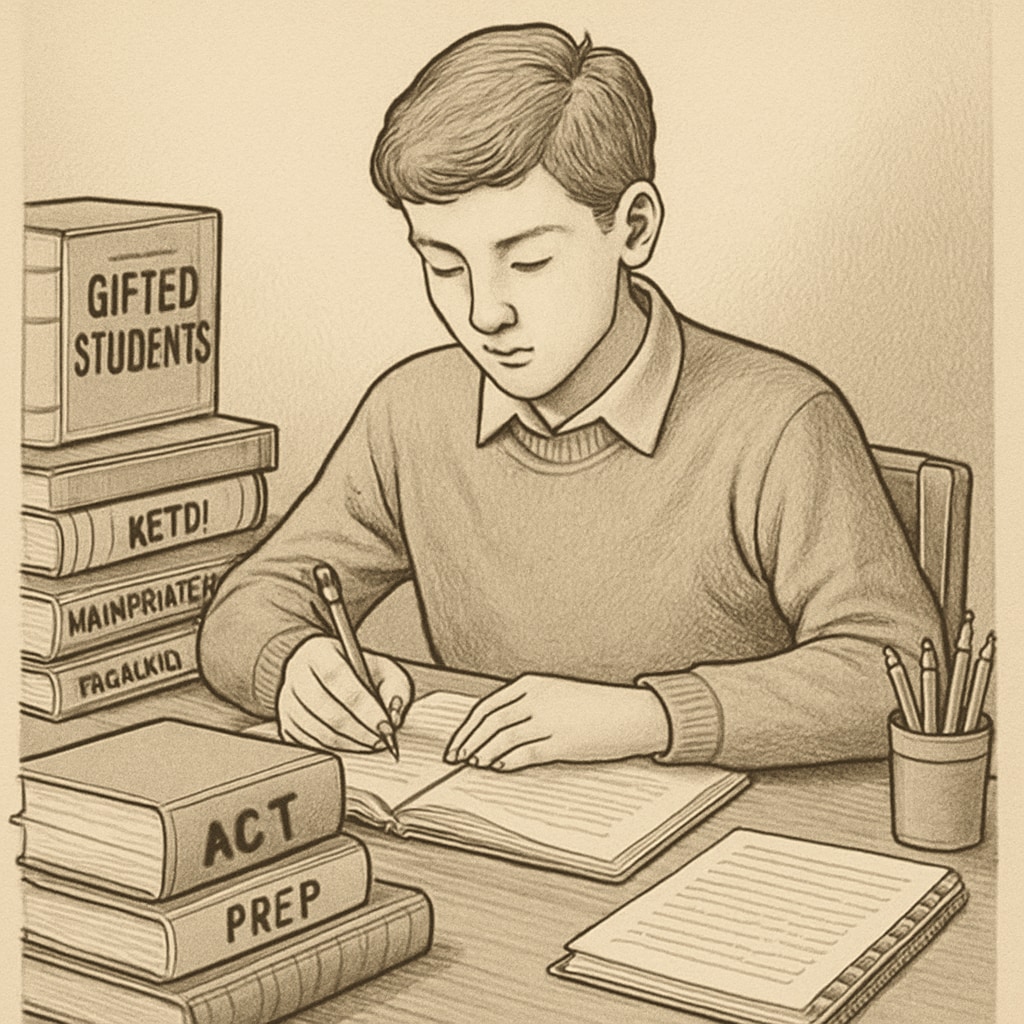 Gifted learner preparing for ACT assessment with academic tools.
