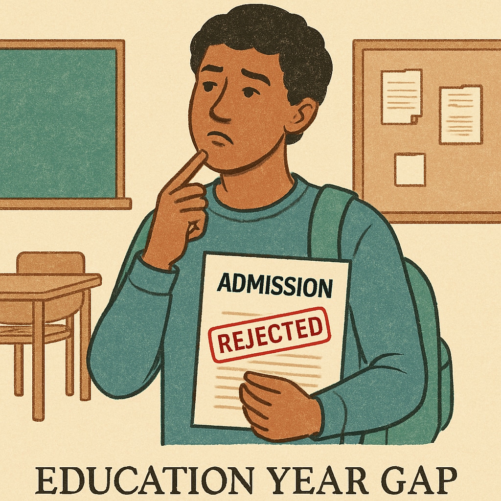 An international student holding rejected admission documents, symbolizing the education year gap. A student with rejected university application papers due to education year differences.