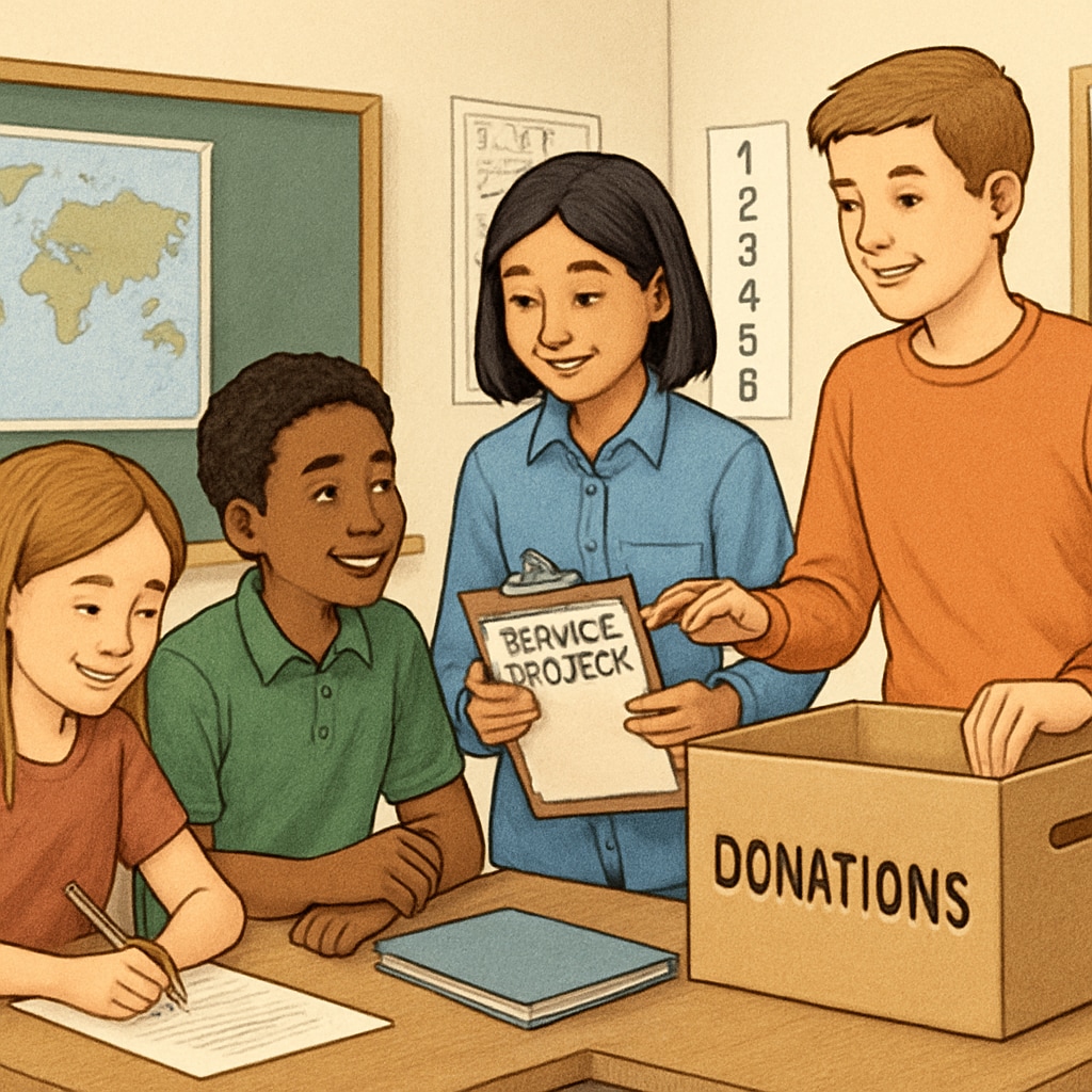 A classroom setting where students collaborate on a service-learning project, illustrating character-building activities. Students working on a service-learning project to build character in a classroom.