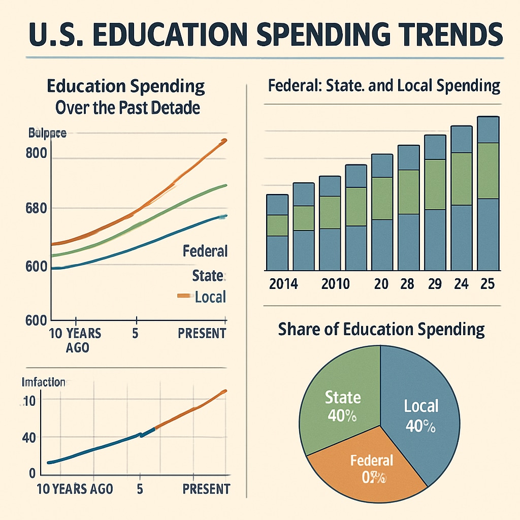 A detailed visualization of U.S. federal, state, and local education spending trends over the past decade. A graph showing U.S. education spending trends, highlighting federal, state, and local contributions.