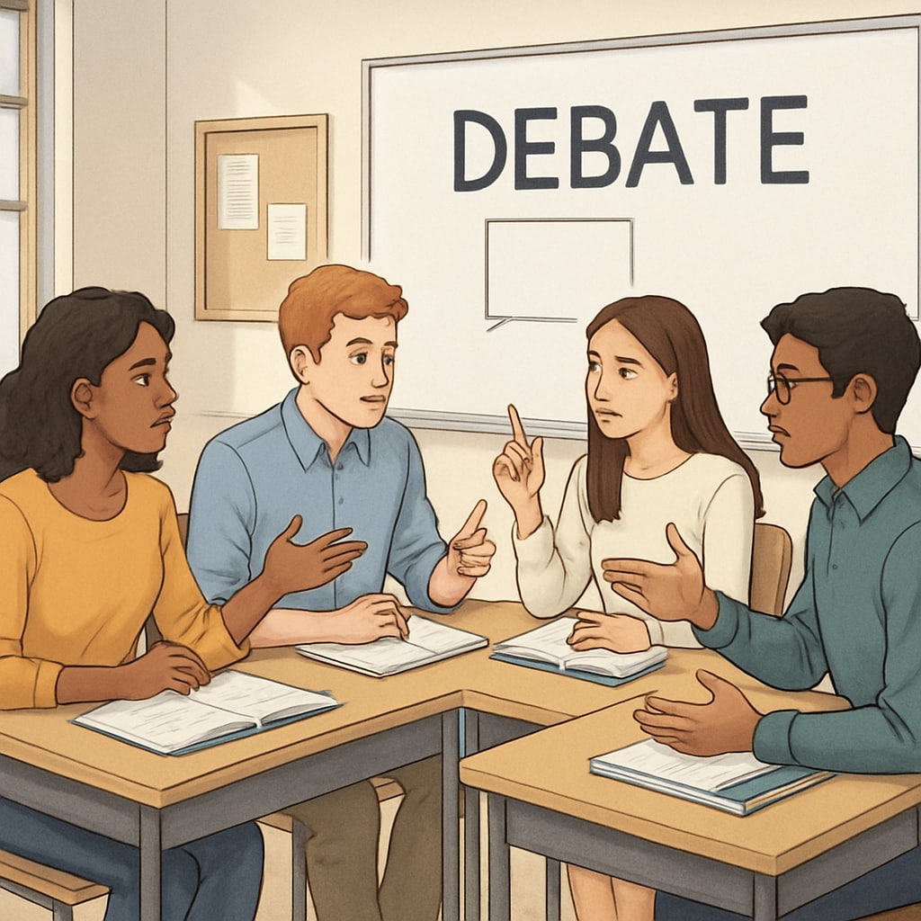 A group of students engaging in a debate, showcasing critical-thinking exercises in a modern classroom. Students debating in a classroom to develop critical thinking skills.