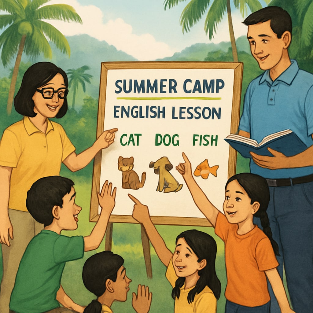 A group of students and teachers engaged in an interactive English lesson at a summer camp, with a backdrop of lush Thai greenery. Students and teachers in an English lesson at a Thailand summer camp.
