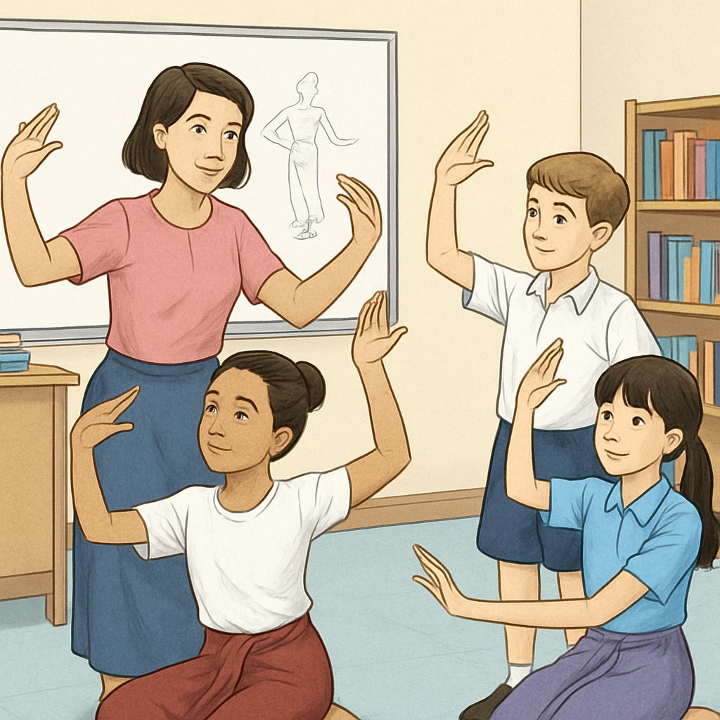 Teachers and students participating in a cultural activity, such as traditional Thai dance, during a break from English lessons. Teachers and students engaging in Thai cultural activities at an English camp.