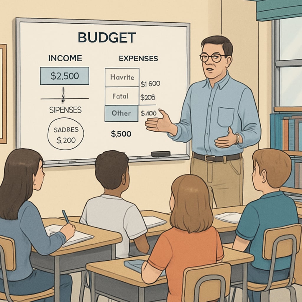 A classroom of students participating in a financial literacy workshop, with a teacher showing a budgeting exercise on a whiteboard. Financial literacy workshop in a classroom focused on budgeting exercises.