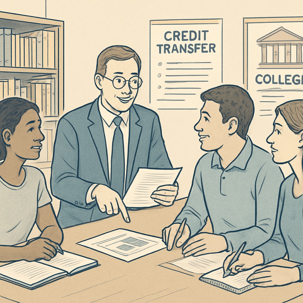 A professional-looking image of adult students discussing credit transfer options with an academic advisor. Adult learners discussing credit transfer challenges with an advisor.