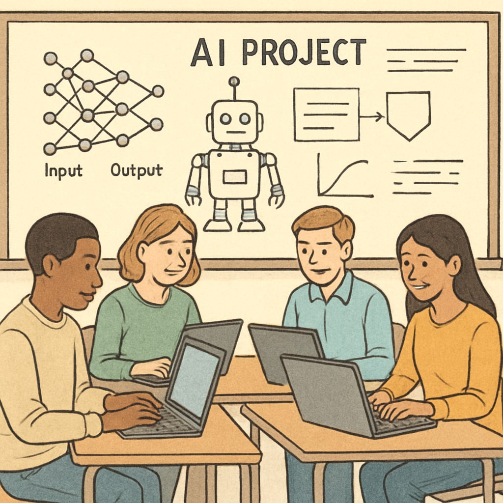A group of students using laptops to work on a simple AI project in a classroom setting. Students working on AI projects in a classroom with basic laptops, illustrating computational resource-friendly education.