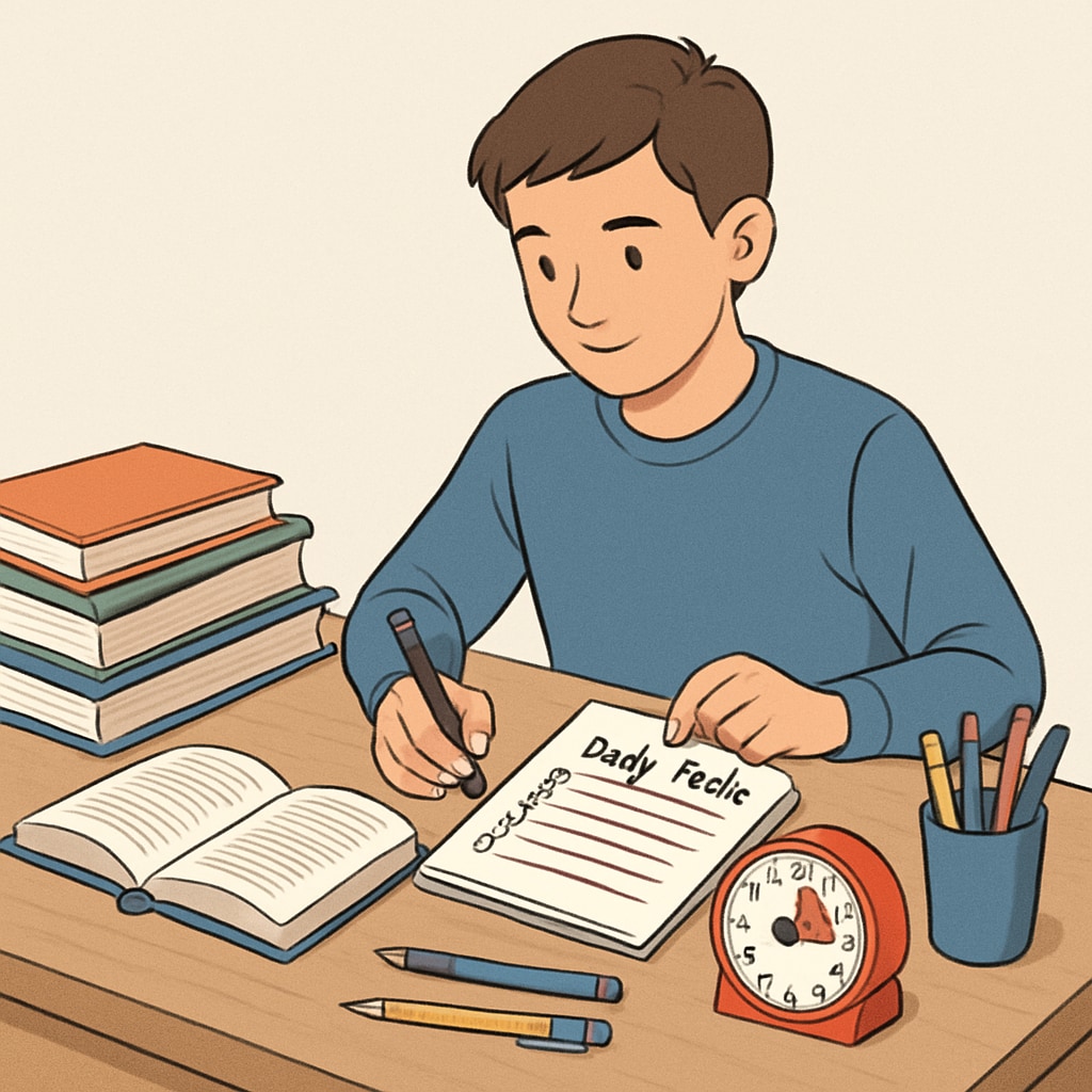 A student using a planner and a timer to organize daily tasks as part of a time management lesson. Time management lesson with a student using a planner and a timer.