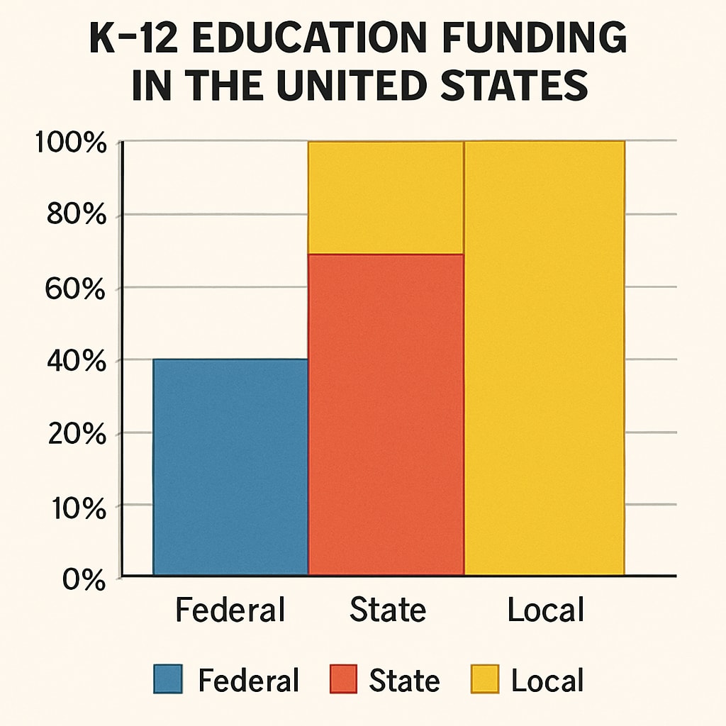 A graph comparing federal, state, and local contributions to K-12 education funding in the United States. Graph showing U.S. K-12 education funding sources: federal, state, and local.