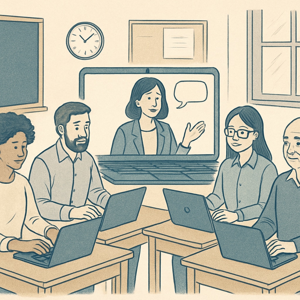 A diverse group of adult learners participating in an online course on their laptops. Adult learners engaging in flexible online learning programs.