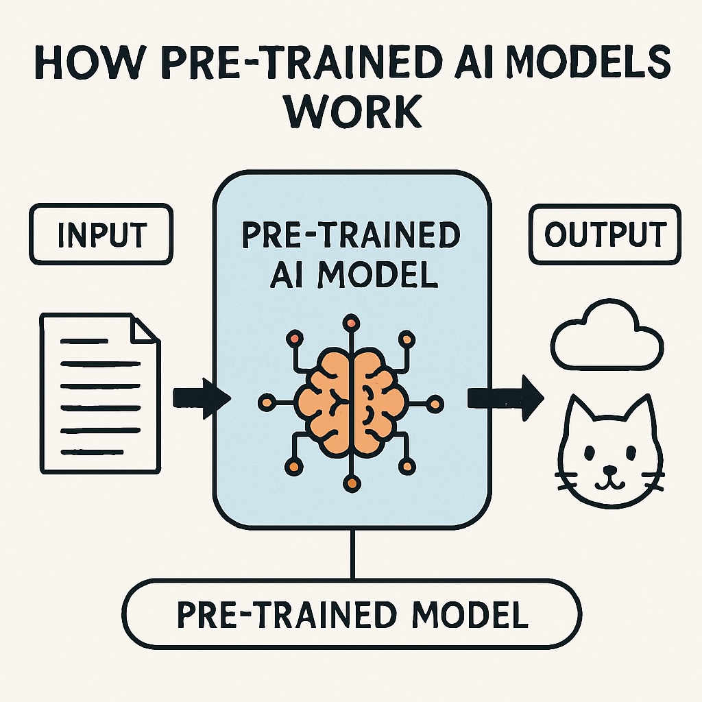 A simple diagram showing how pre-trained AI models work, labeled for educational purposes. Simplified diagram of pre-trained AI models used in K12 learning to visualize AI concepts.