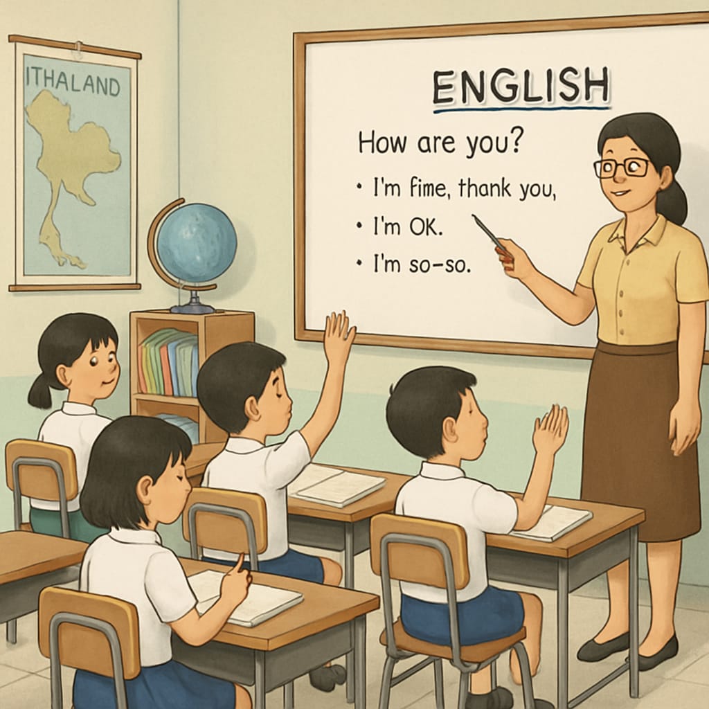 Teaching English in a summer camp classroom in Thailand.