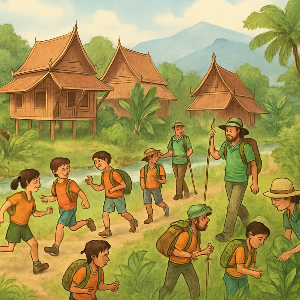 Outdoor summer camp activities in a Thai village.