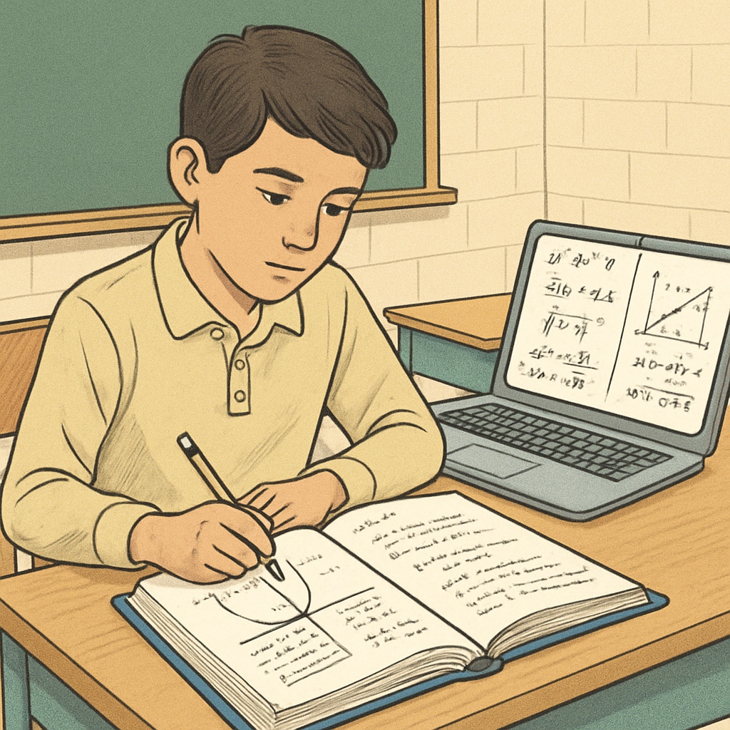 High school student preparing for advanced math courses with books and a laptop.