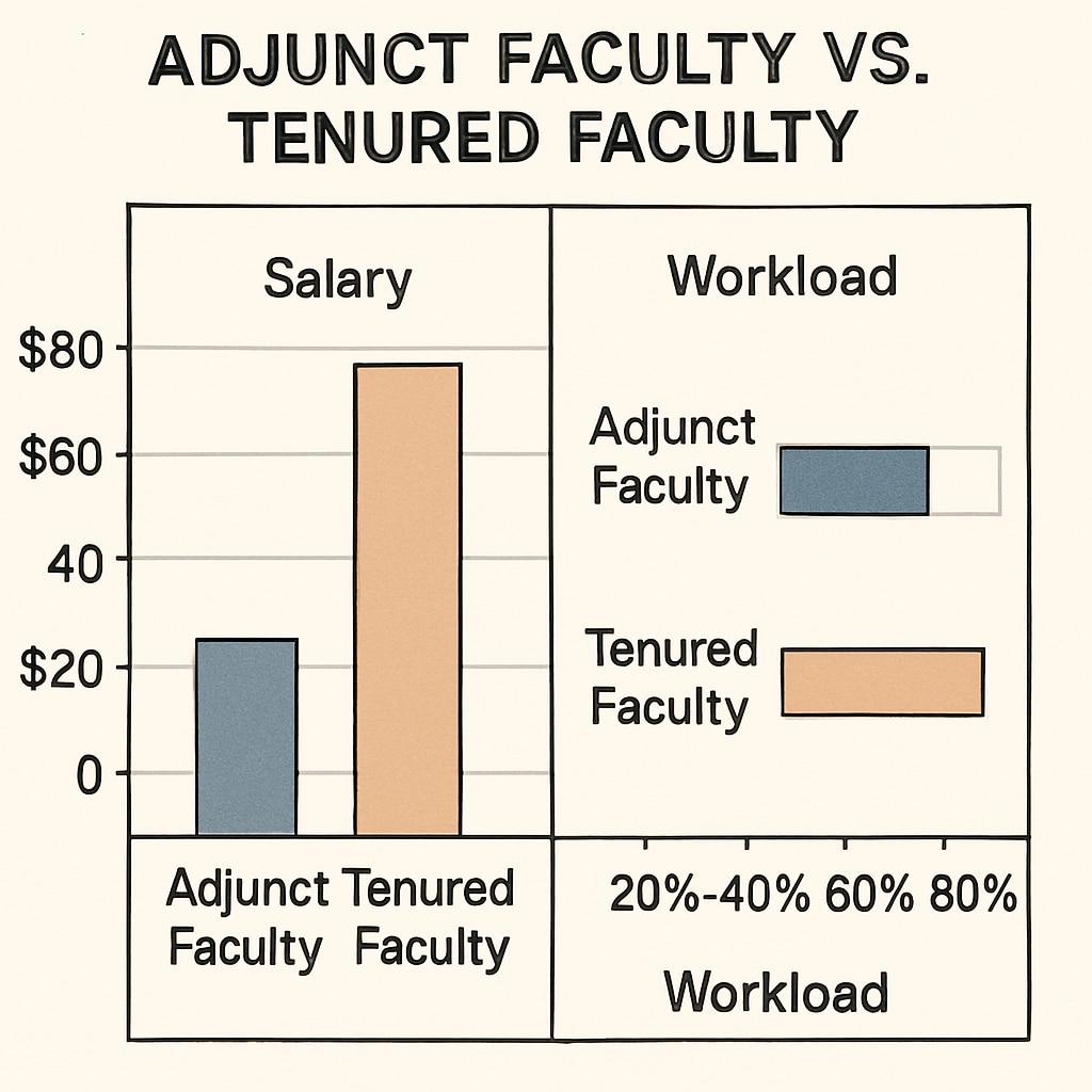 Chart showing the gap in pay and workload between adjunct and tenured faculty.