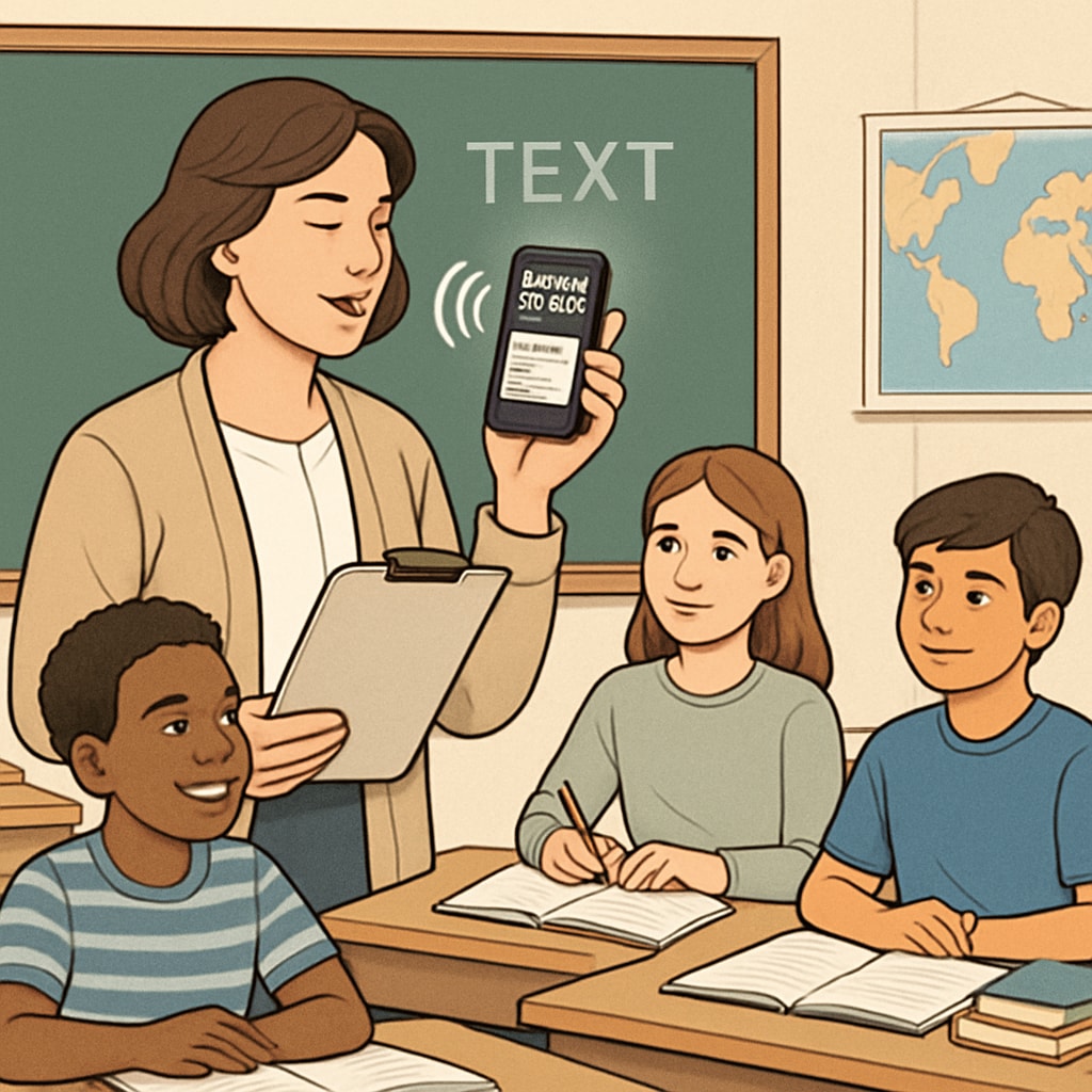 A teacher using a speech-to-text device in a classroom setting to simplify their workflow. Teacher using WillowVoice speech recognition device to boost teaching efficiency.