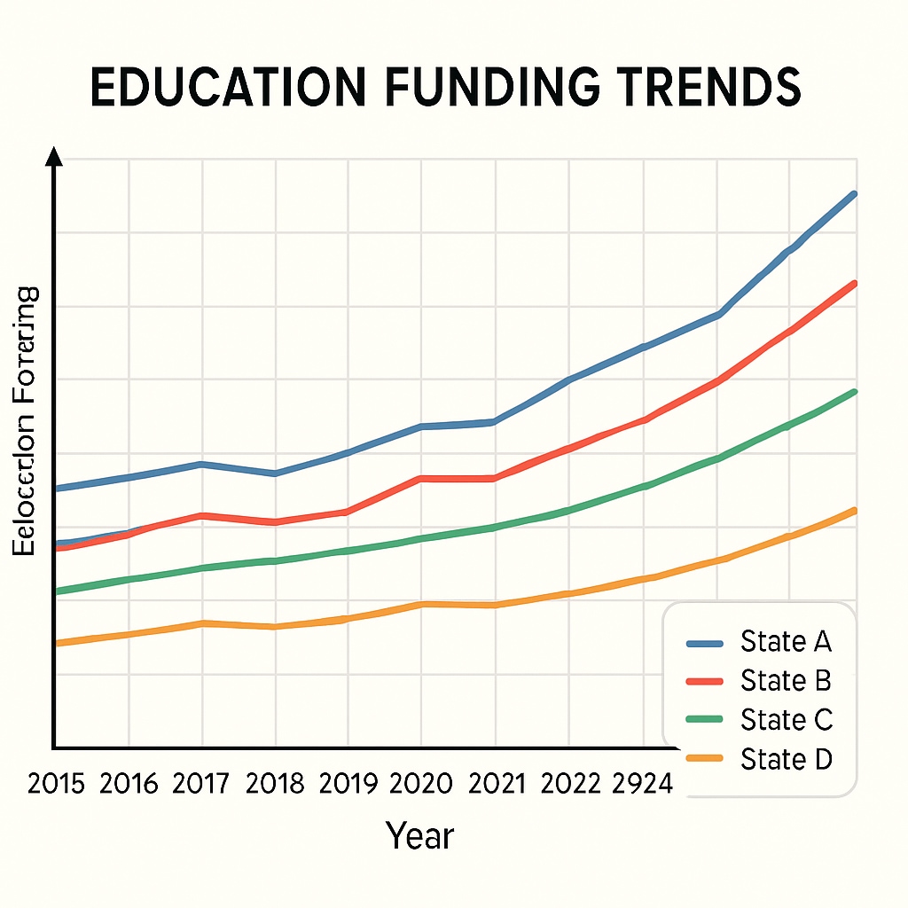A graph comparing education funding trends across states from 2015 to 2024. Education funding trends graph for U.S. 2015-2024 analysis.