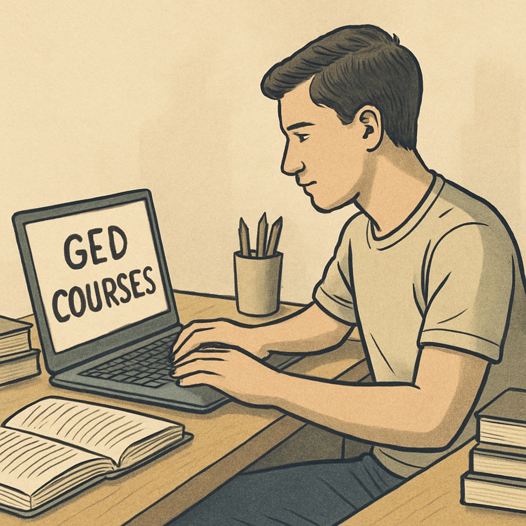 A student studying on a laptop, representing online GED courses. A student engaged in an online GED course, highlighting flexibility and accessibility.