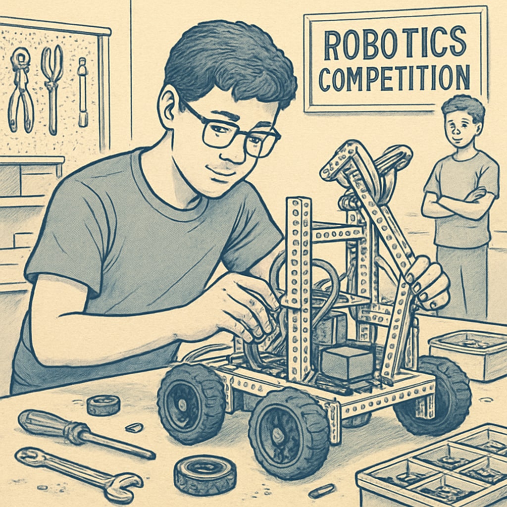 A high school student participating in a robotics competition, showcasing early exposure to STEM-related fields. High school student competing in a robotics event to develop STEM interests.