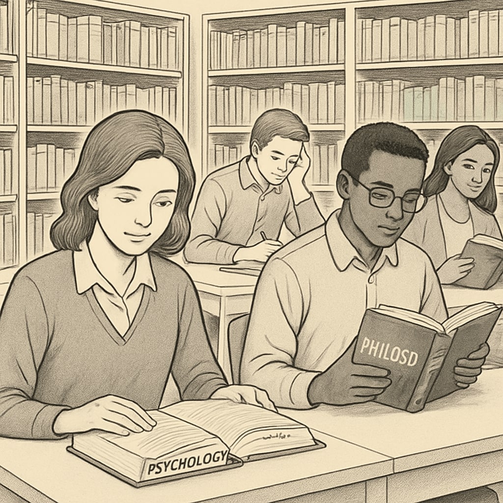 Students reading books on psychology and philosophy in a library.