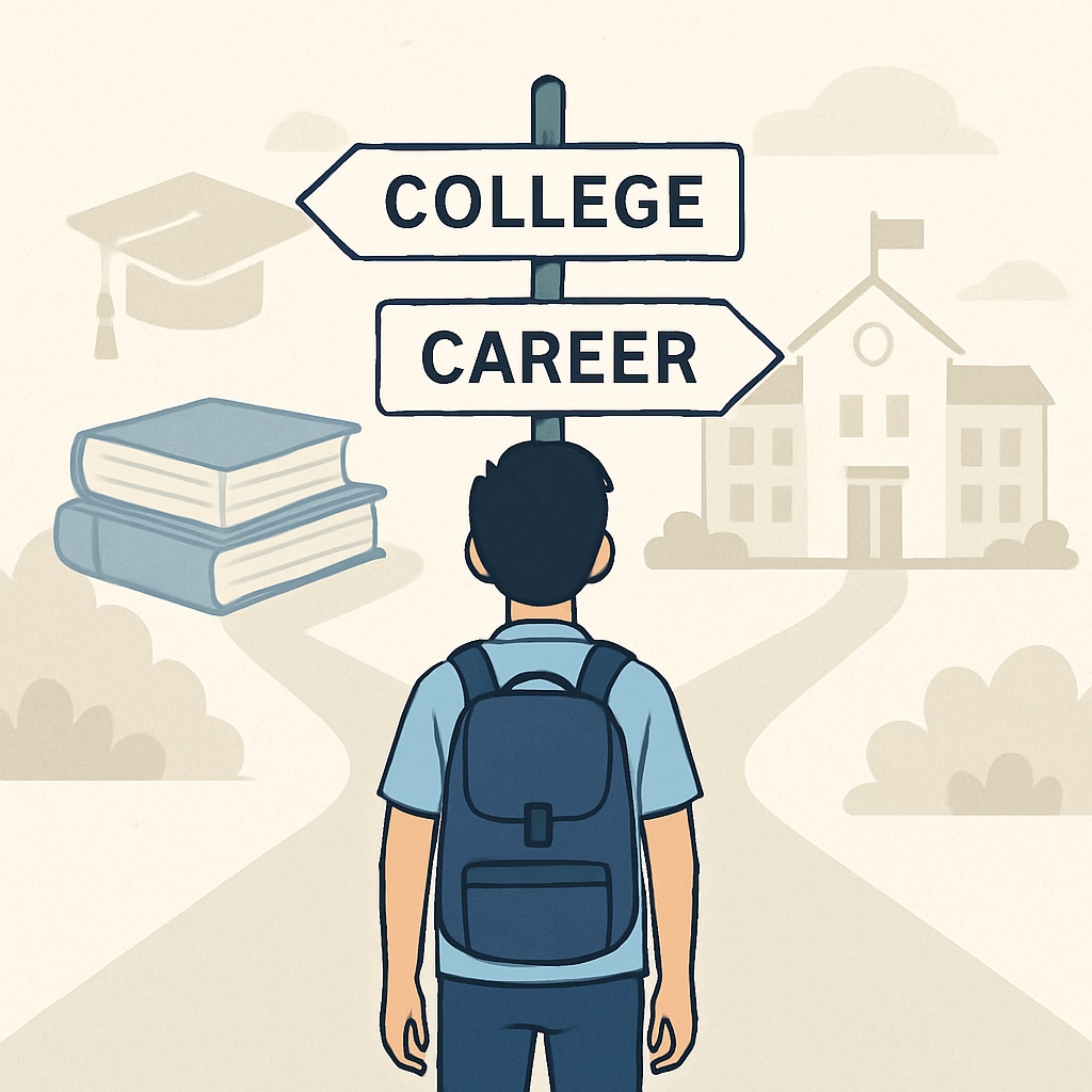 A conceptual illustration showing a student at a crossroads, symbolizing choices in education. Student at a crossroads, symbolizing educational choices like degree completion and credit transfer.